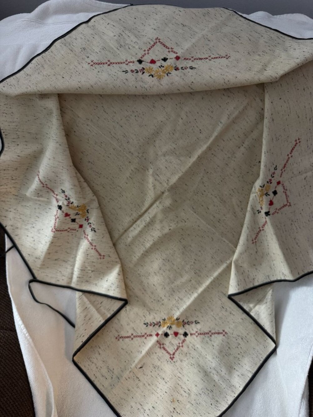 Vintage Embroidered Cream Card Tablecloth Floral & Heart Motif Black Trim Handma